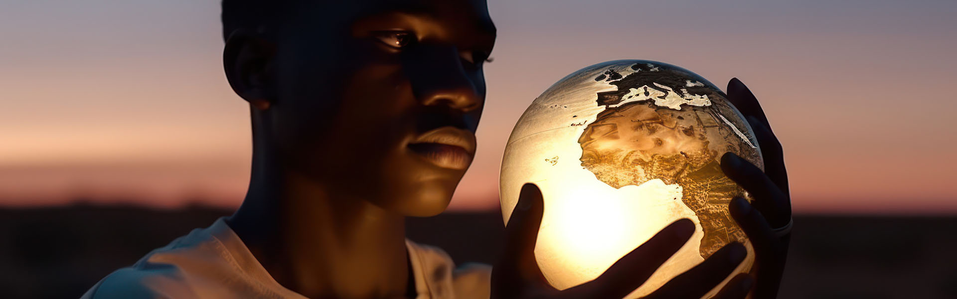 Young man holding in his hands a glowing globe of the world which highlights Africa