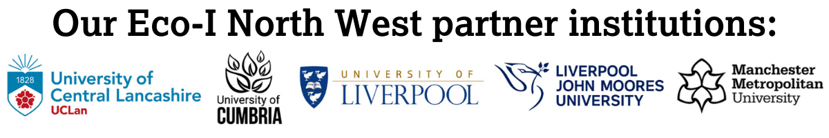 Logos of universities of Lancaster, Central Lancashire, Cumbria, Liverpool, Liverpool John Moores and Manchester Met - Eco-I NW partners