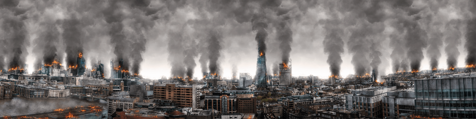 Burning buildings in a post-apocalyptic world