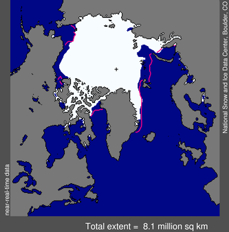Extent of the Arctic sea ice in October, 2013. Outline shows the median ice edge.