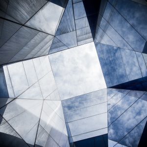 cloudy sky through angular windows