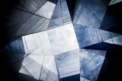 cloudy sky through angular windows