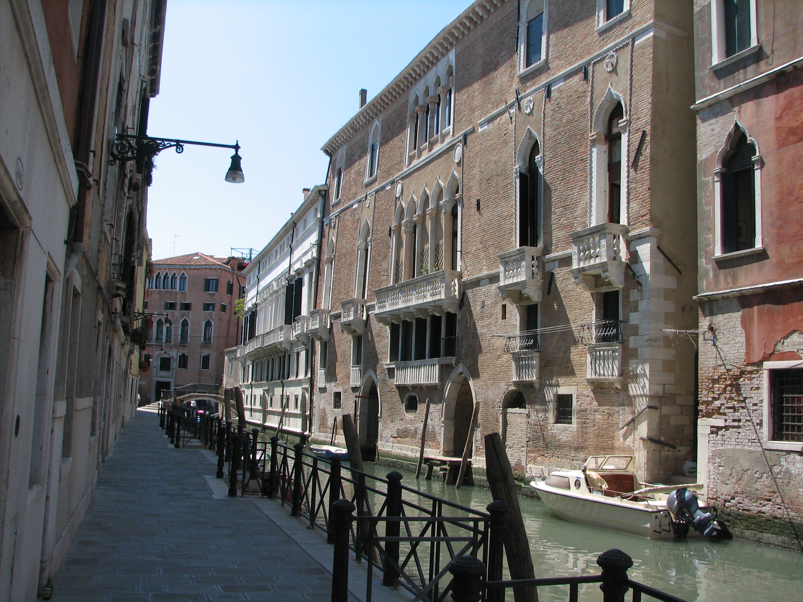 The Fondamenta San Severo viewed from the Palazzo Dona-Ottoboni. Palazzo Zorzi-Bon (Bacon palace) (left) Palazzo Priuli (centre) distance.