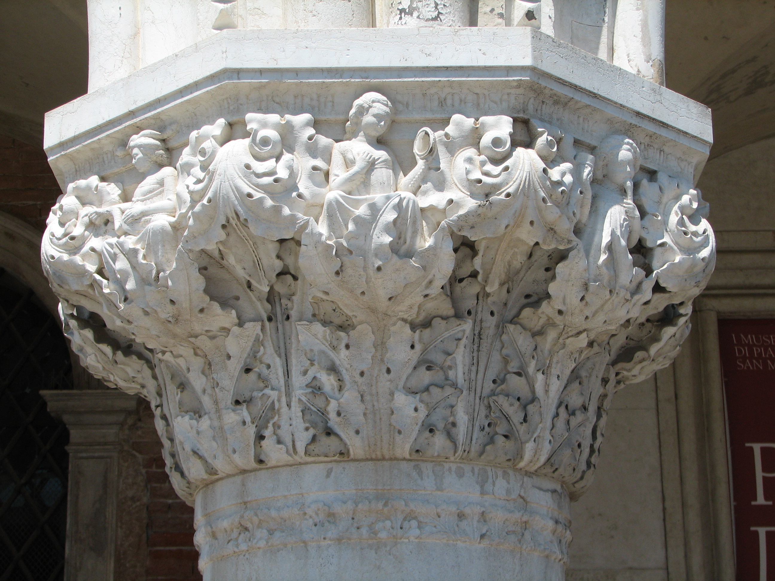 Detail of 1880s copy of 10th capital in its current state Envy, side 8 to left; Luxury, side 1, centre; Gluttony, side 2, right