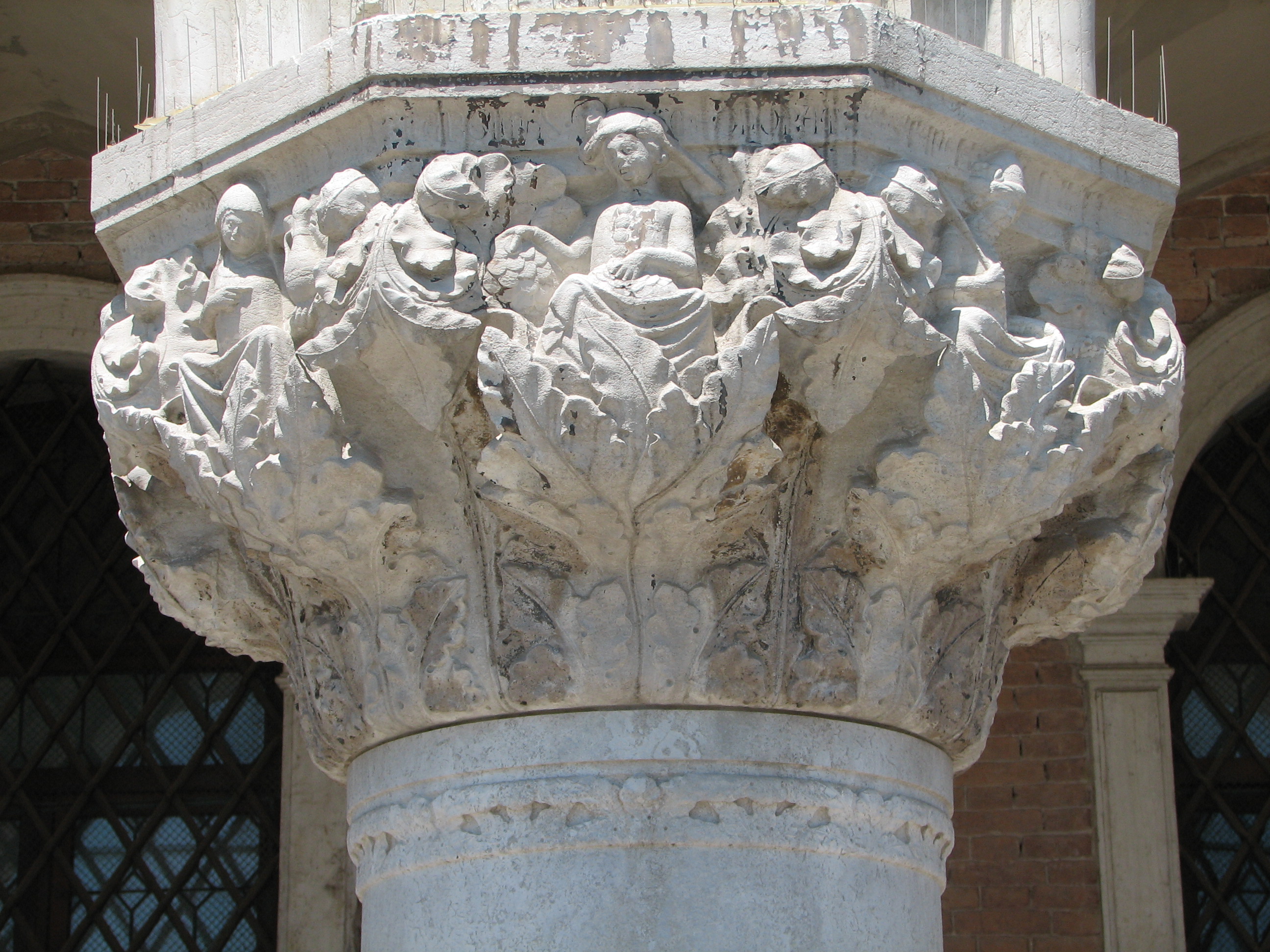 Detail of 7th Capital in its current state. Modestia, side 8 left; Largitas, side 1, centre; Constantia, side 2, right