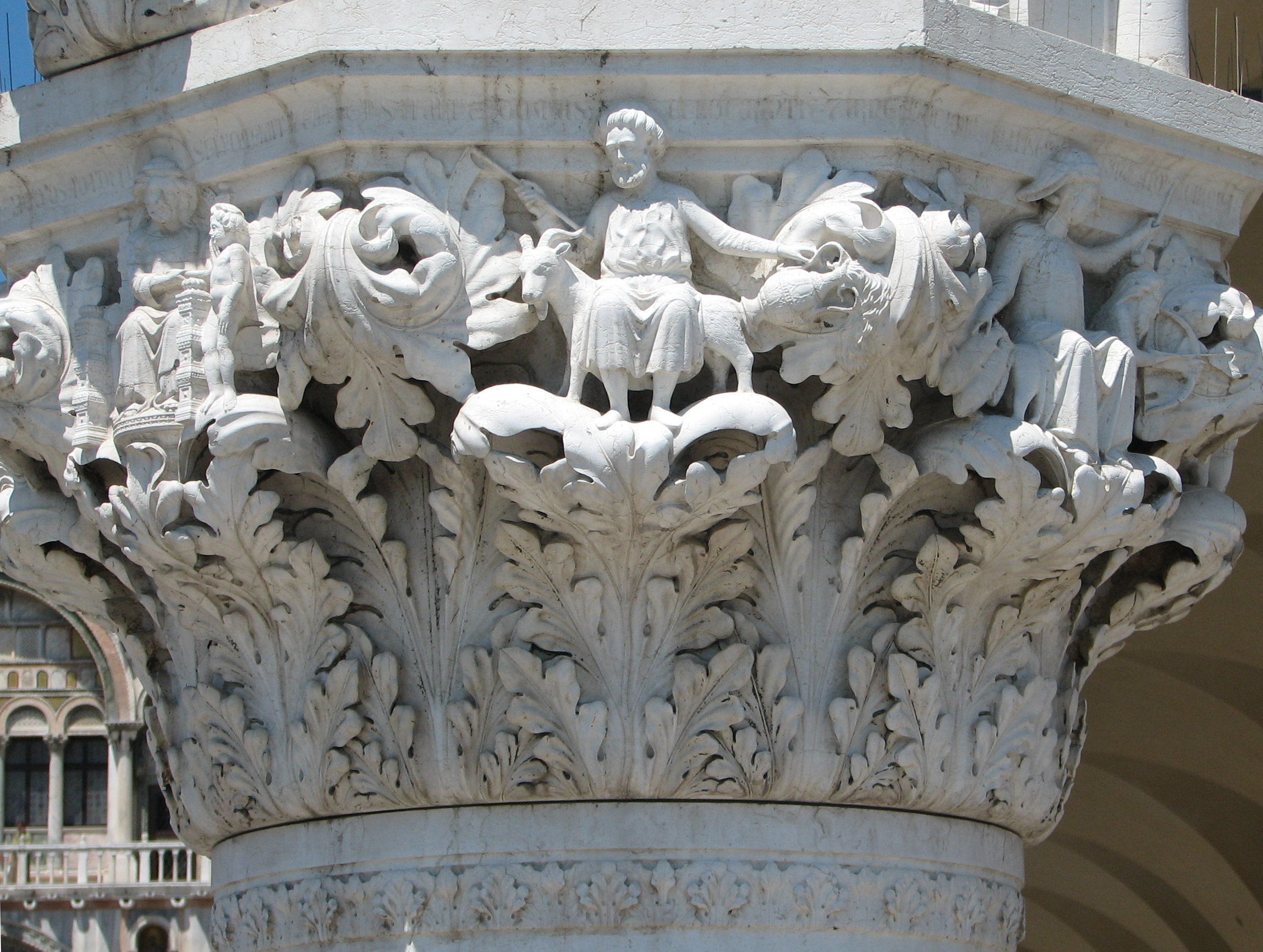 Detail of 1870s/1880s copy of the 18th capital in its current state Creation of Adam, left, side 8; Aquarius / Capricorn, side 1, centre; Jupiter, side 2, right