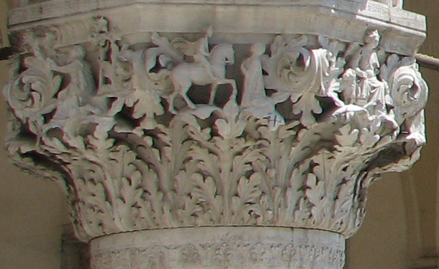 Detail of 36th capital in its current state Trajan doing Justice to the Widow, side 8, centre