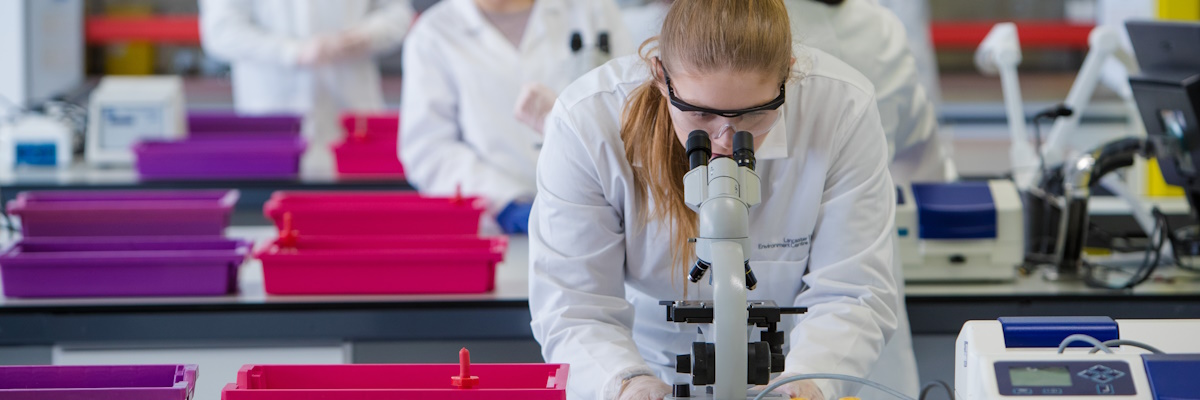 Student in a white lab coat looking into a microscope in the biosciences lab