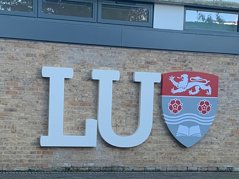 The 'LU' Lancaster University logo sign