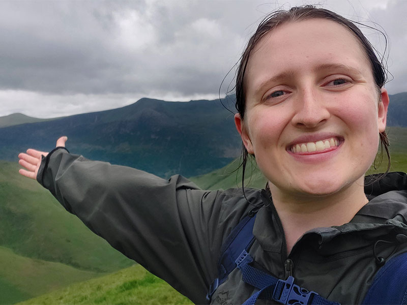 Anna on a rainy hike in the Northern Lake District with Hiking Club.