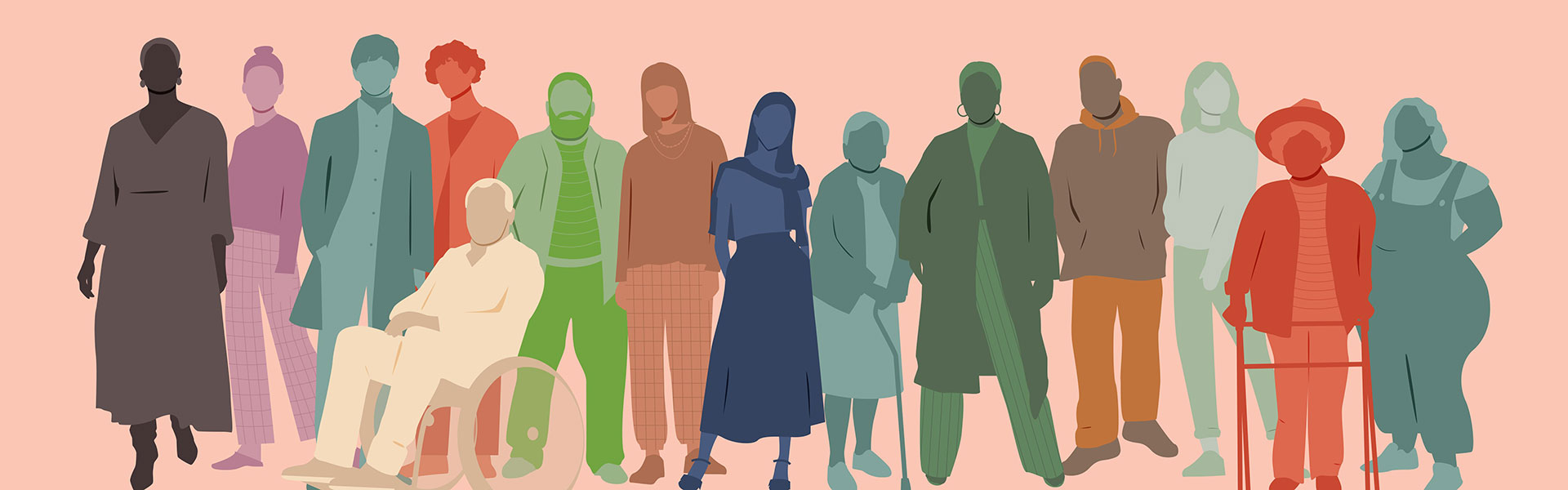 A tiled image of silhouettes of people standing or sitting in a row