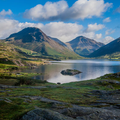 Wastwater in the lake district, view of still lake surrounded by mountains