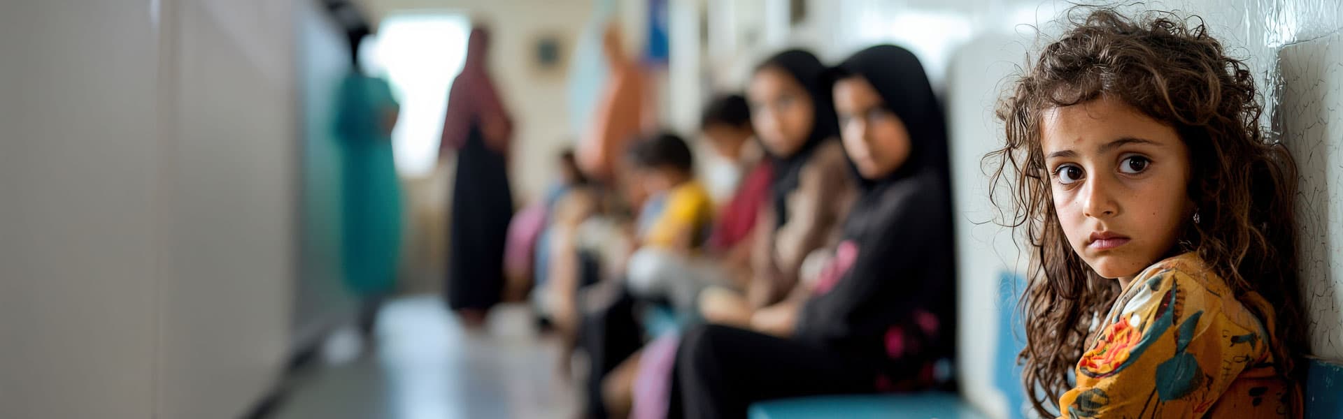 Children waiting for medical attention in an overcrowded clinic