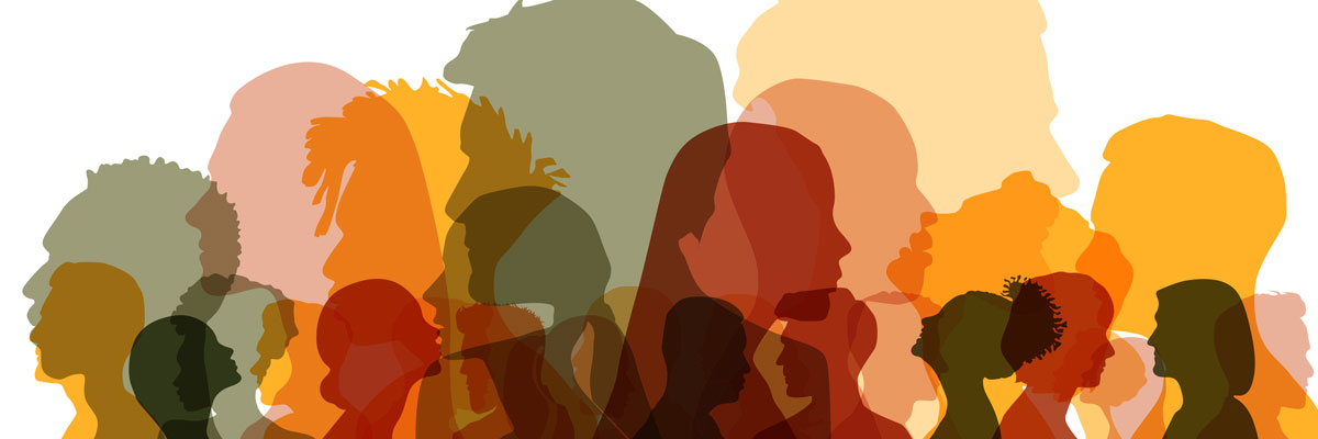 Group side silhouette men and women of different culture