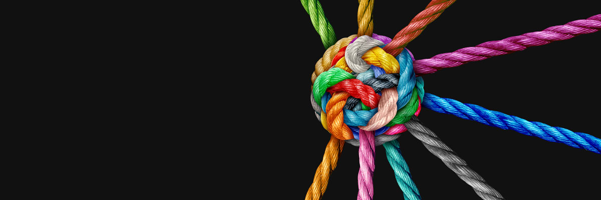 ball of different coloured entwined ropes