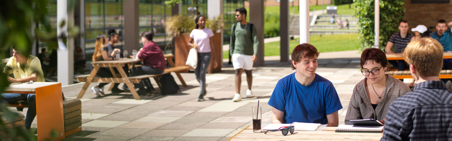 Students socialising outside Fylde College bar.