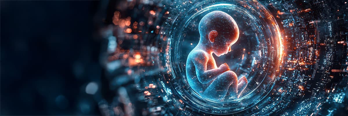 Human embryo in a glowing, hightech growth chamber - AI generated image