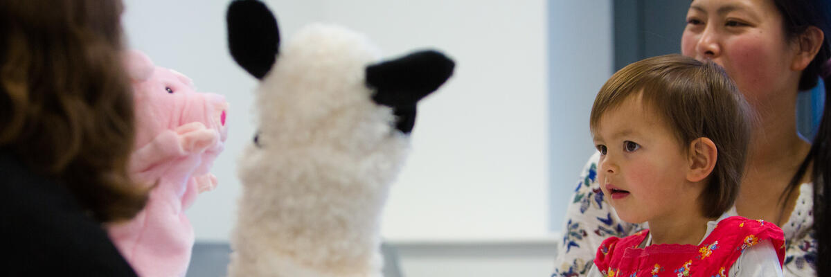 A child, mother and researcher playing with farmyard hand puppets