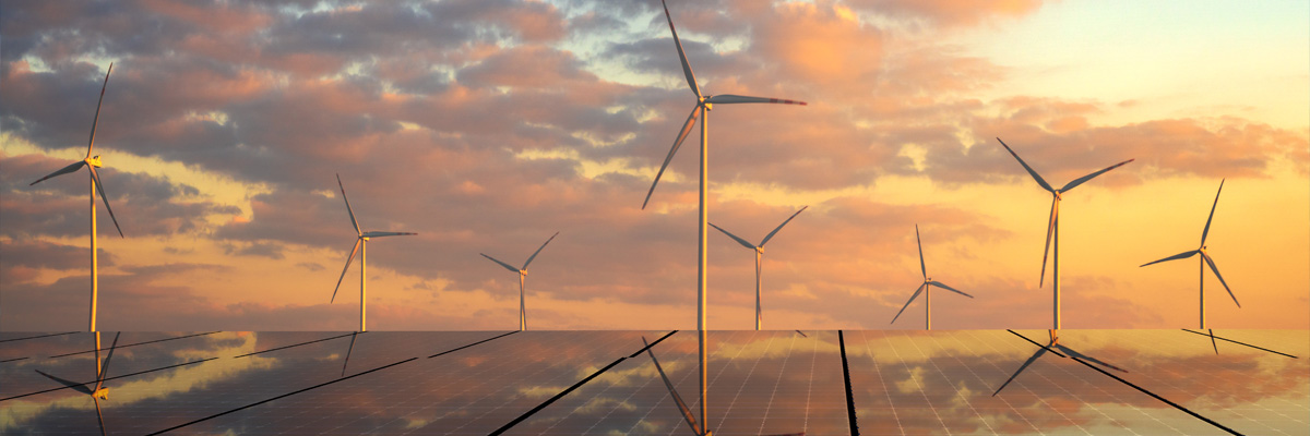 A field of wind turbines and solar panels