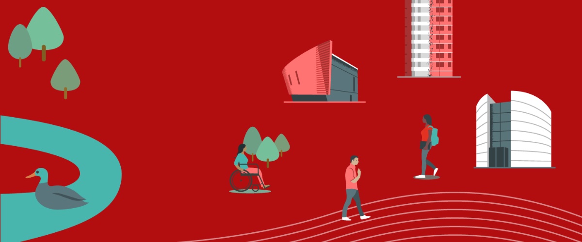 An illustrated montage of buildings and people around the Lancaster University campus