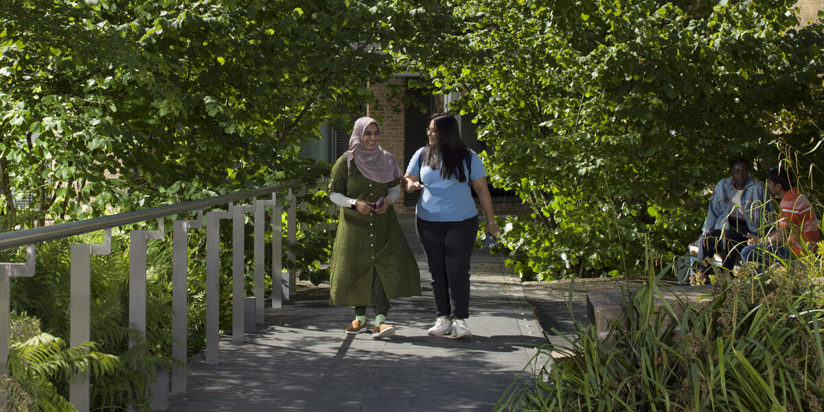 Students chat and relax on Lancaster's green campus on a sunny day