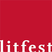 Litfest logo - white text on a red square background