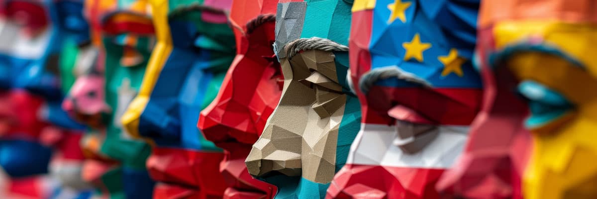 A row of faces painted in the colors of various national flags, celebrating the European Day of Lang