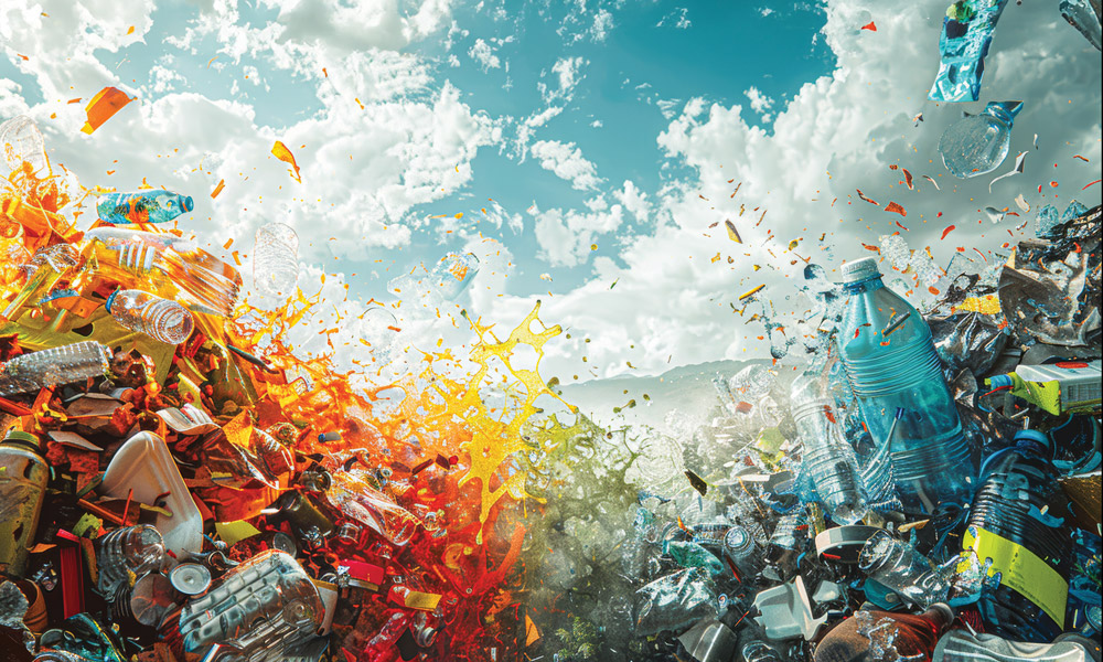 Piles of plastic packaging, with brightly coloured splashes