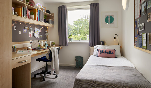 Photograph of a well-lit aesthetically pleasing student bedroom