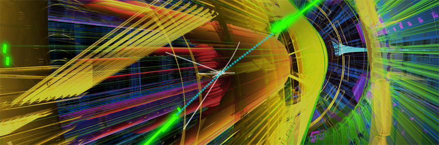An ATLAS event with two photons. The photons are indicated by the clusters of energy shown in green. (Courtesy of ATLAS Experiment at CERN)