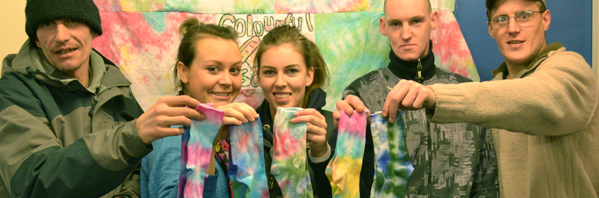 Sam Lang (left) with students Emily Jones and Jennifer Watts, and (right) Colin Farrah