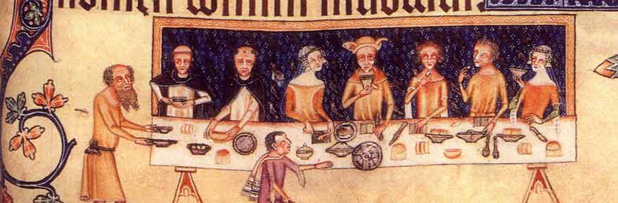 Dining room scene from the Luttrell Psalter, 1325-1335.