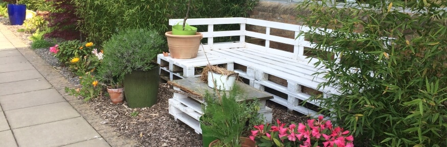 Bamboo, pink rhododendron flowers, orange marigolds and a bench made out of recycled pallets painted white.