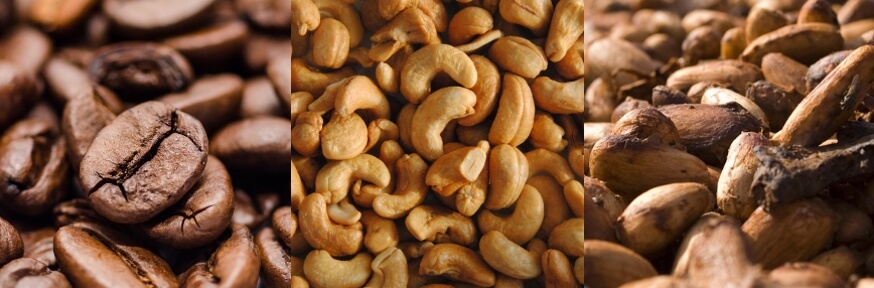 Coffee beans, cashew nuts, cocoa beans