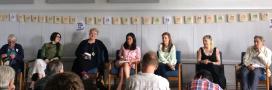 Panel discussion as part of Fashion Revolution Week 2018, L-R: Zephyrine Barbarachild, Sarah Corbett (Craftivist), Prof Imogen Tyler (Lancaster University), Victoria Frausin (Lancaster Sewing Café), Amy Benstead (University of Manchester), Anna Skodbo (Phannatiq), Prof Alan Rice (UCLAN)