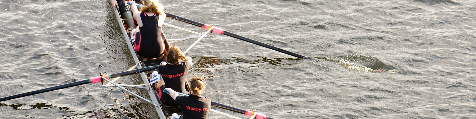 Students in rowing boat from above