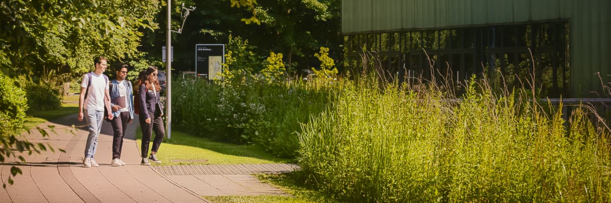 Three students walk towards the Arts building through greenery.