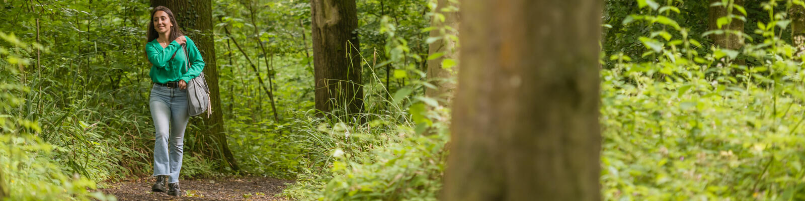 Student walking through the woodland walk