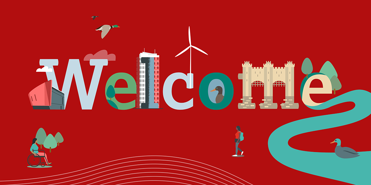 A graphic saying 'Welcome' with the letters made up of different buildings from the campus and city.