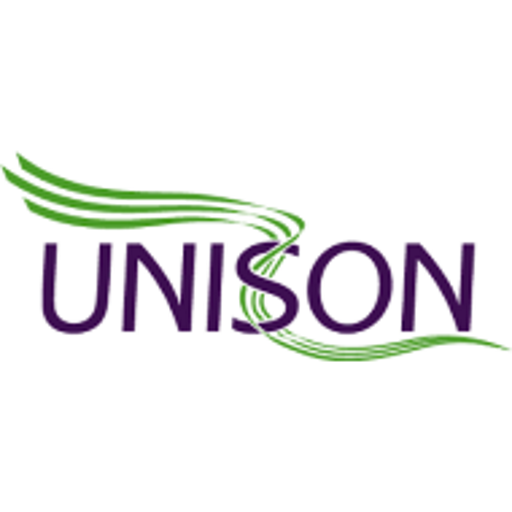 'UNISON' written in purple capital letters, with a swoosh of three green lines entwined with the S