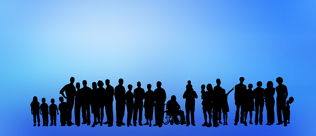 Diverse human silhouettes - including wheelchair users and children - against a blue background